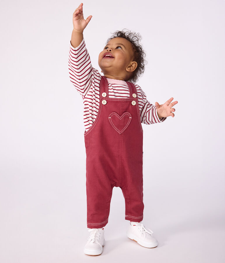 Babies' long-leg coloured denim dungarees AMARANTE red