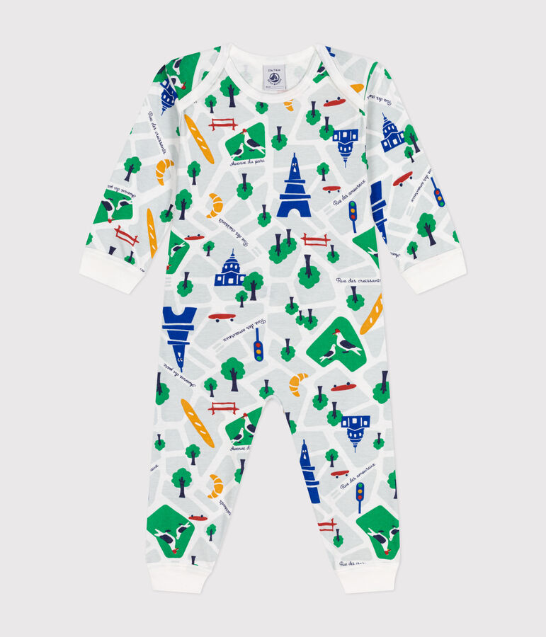 Babies' Paris Print Footless Cotton Pyjamas MARSHMALLOW white/MEDIEVAL blue