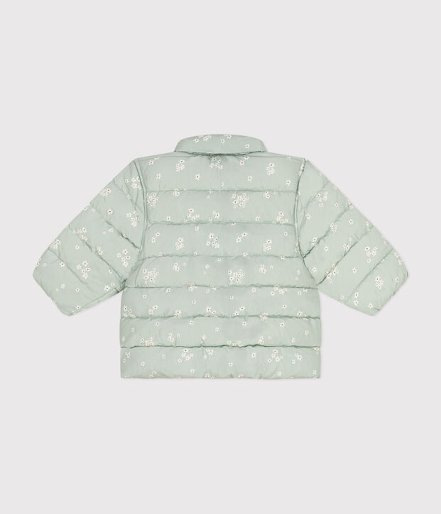 Babies' printed  puffer jacket with a retractable hood green/multicolor