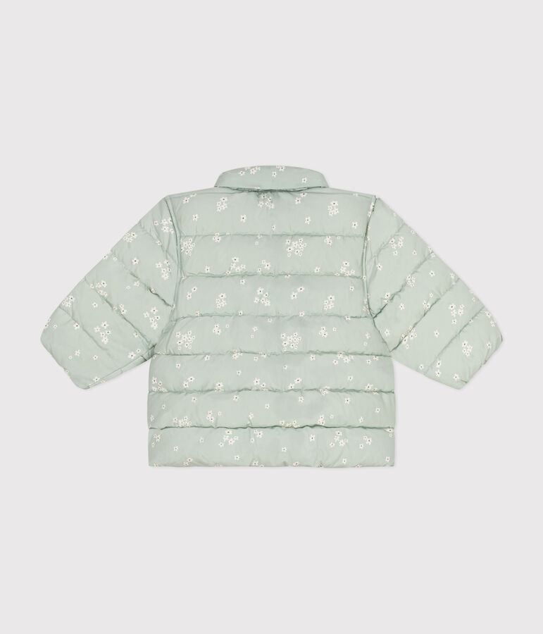 Babies' printed  puffer jacket with a retractable hood green/multicolor