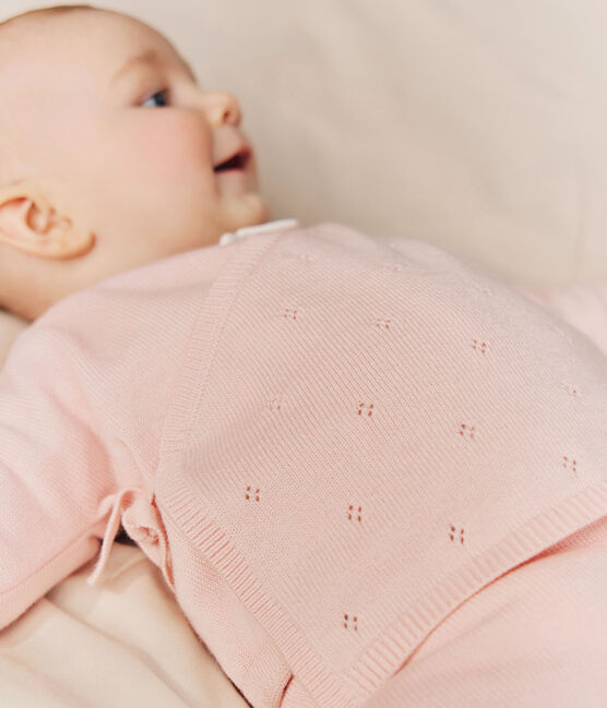 Babies' wool and cotton openwork knit wrapover top JOLI pink