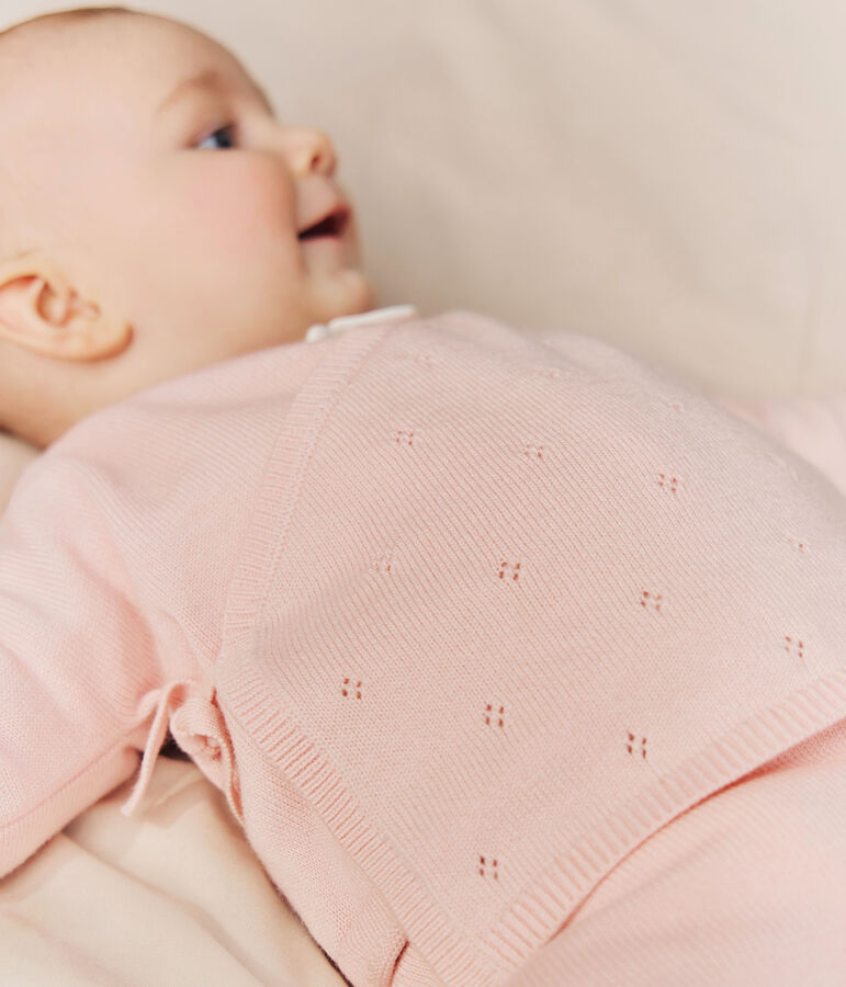 Babies' wool and cotton openwork knit wrapover top pink