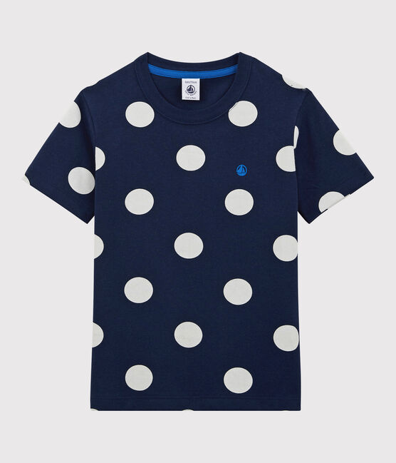 Boys' Short-Sleeved Cotton T-Shirt MEDIEVAL blue/MARSHMALLOW white
