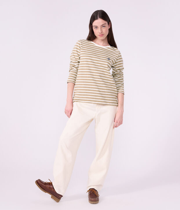 Women's long-sleeved cotton Breton top beige/white