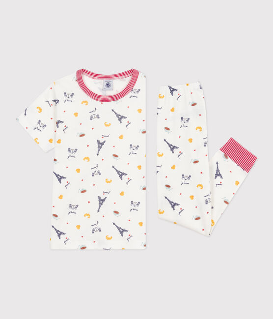 Children's printed cotton pyjamas with short sleeves and long legs MARSHMALLOW white/MULTICO white