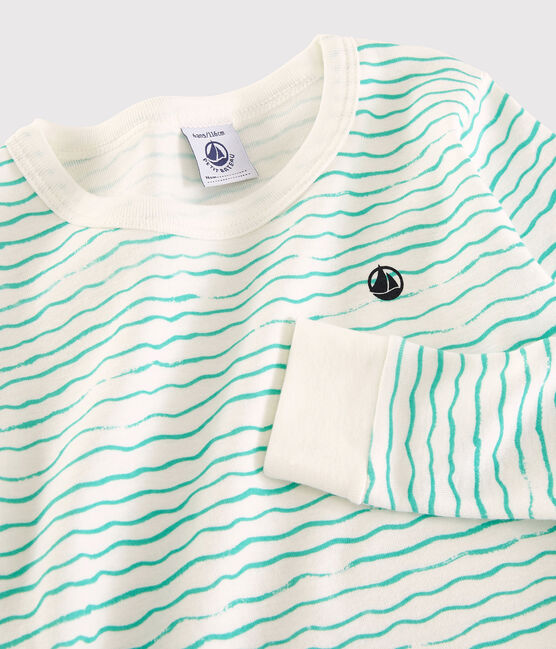 Boys' Green Snugfit Wave Print Cotton Pyjamas MARSHMALLOW white/VERT