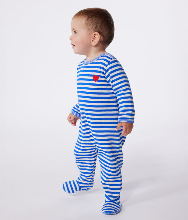 Babies' stripy tube knit pyjamas with a back opening blue/ecru