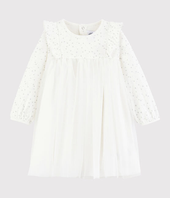 Baby girl's long-sleeved dress MARSHMALLOW white/ARGENT grey