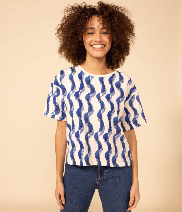 Women's Boxy Patterned Cotton T-Shirt Ecru/multicolor