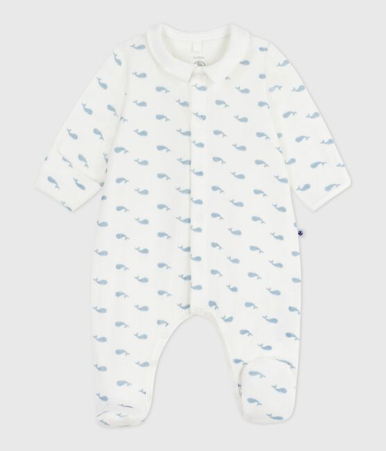 Babies' whale-print velour pyjama suit with a collar MARSHMALLOW /ADRIATIC