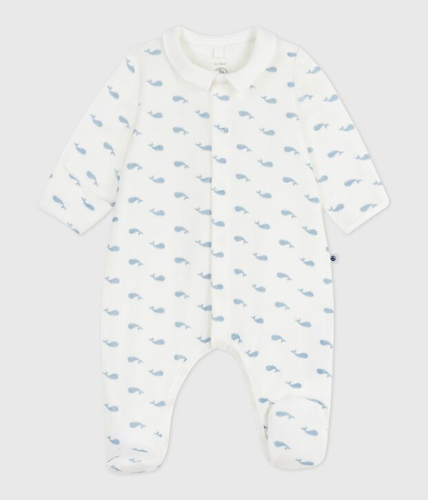 Babies' whale-print velour pyjama suit with a collar white/blue