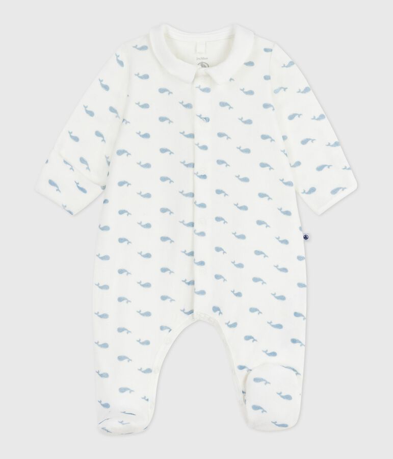 Babies' whale-print velour pyjama suit with a collar white/blue