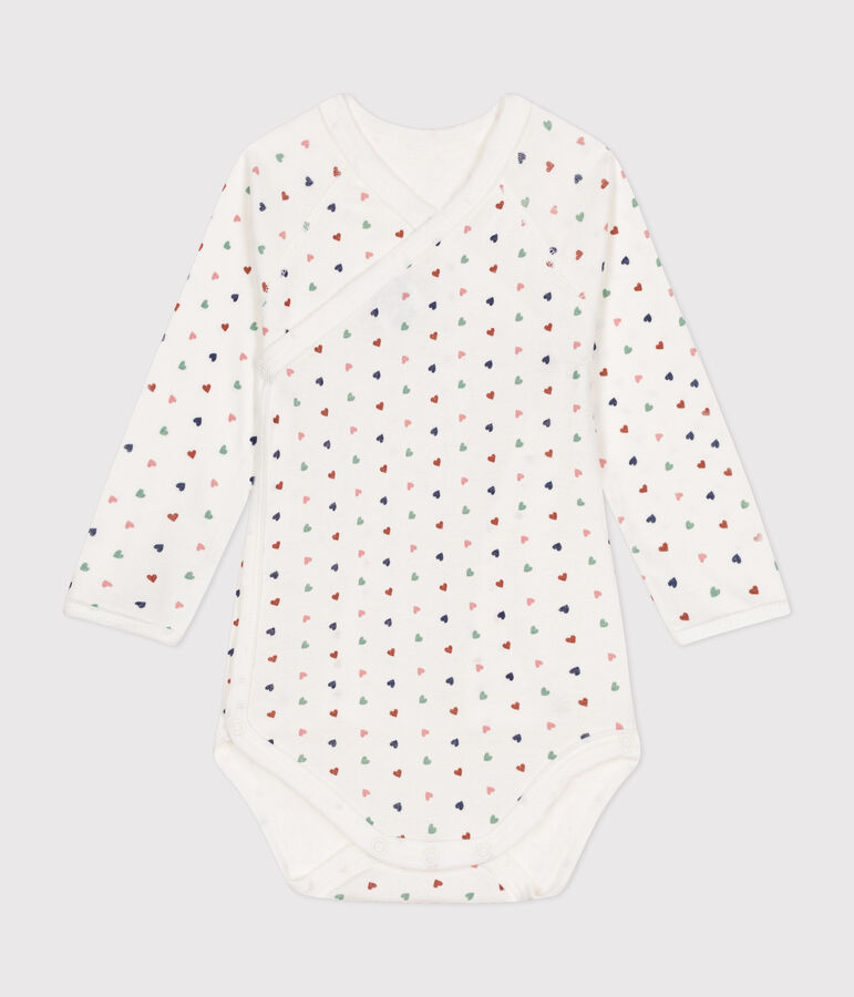 Babies' Long-Sleeved Cotton Wrapover Bodysuit. MARSHMALLOW white/MULTICO white