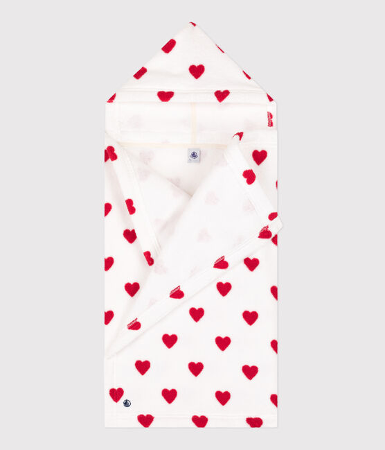 Babies' heart patterned terry bath cape MARSHMALLOW white/TERKUIT red