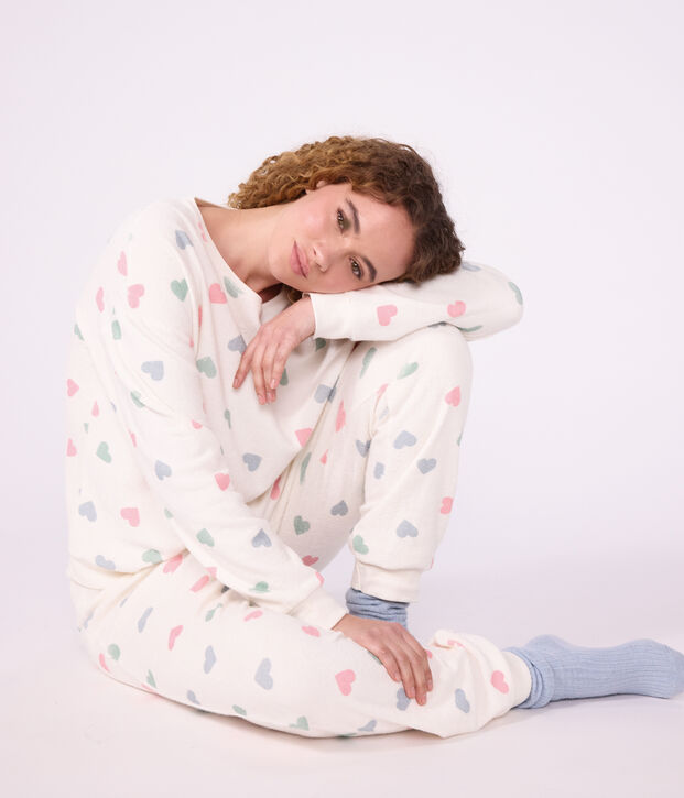 Women's cotton terry pyjamas printed with hearts Ecru/multicolor