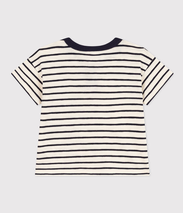 Babies' Short-Sleeved Slub Jersey T-Shirt Ecru/blue