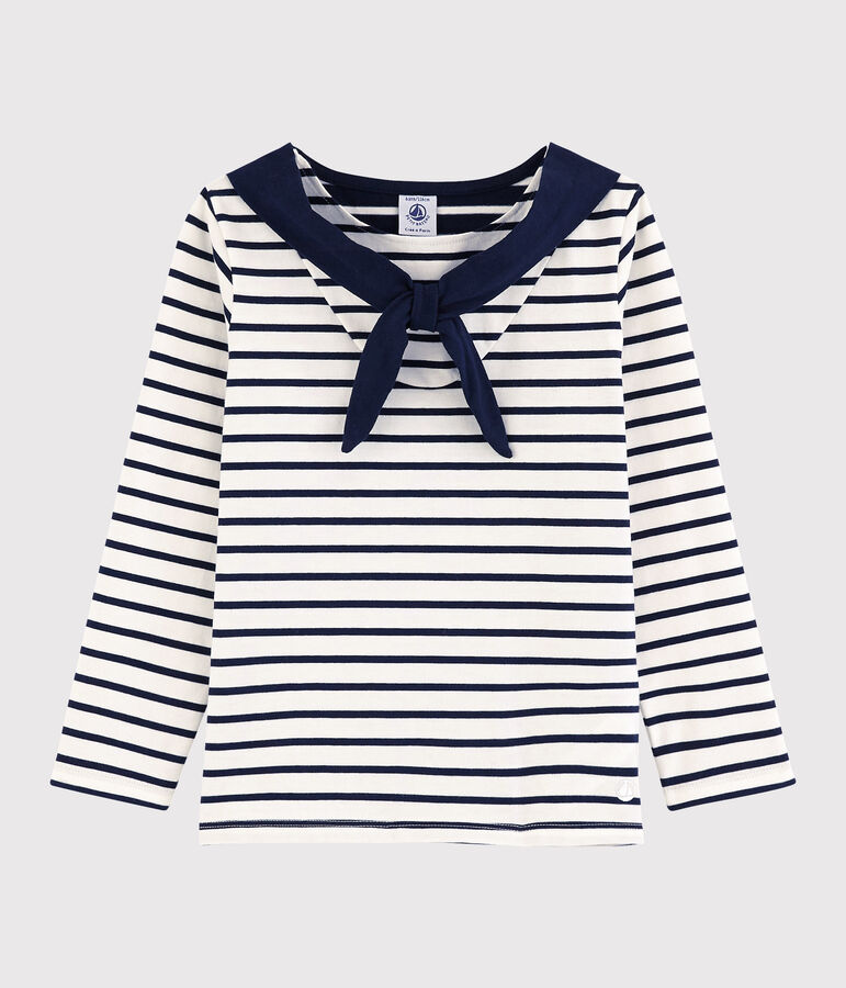 Girls' Long-sleeved Jersey T-shirt MARSHMALLOW white/SMOKING blue