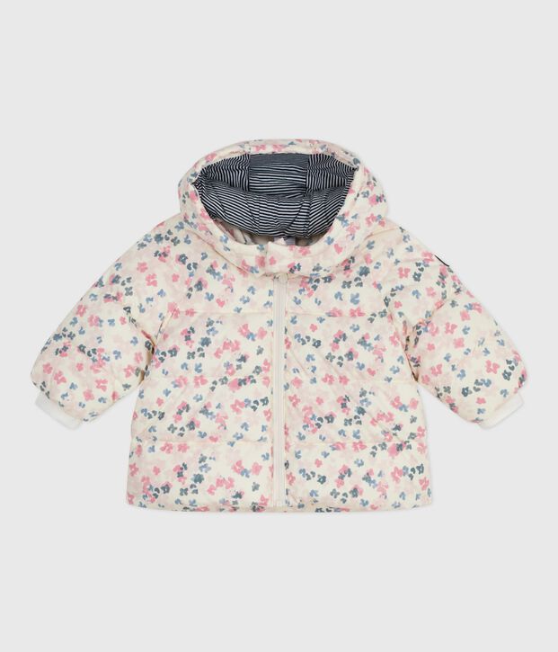 Baby down jacket with floral print and removable hood Ecru/multicolor