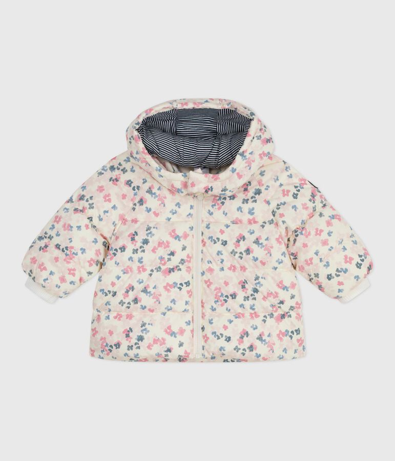 Baby down jacket with floral print and removable hood Ecru/multicolor