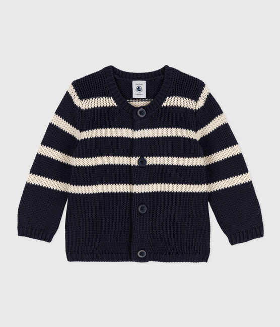 Babies' Stripy Knitted Cotton Cardigan SMOKING blue/AVALANCHE