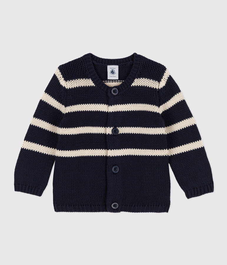 Babies' Stripy Knitted Cotton Cardigan blue/ecru