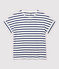 Women's Stripy Linen and Cotton Blend T-Shirt MARSHMALLOW white/MEDIEVAL blue