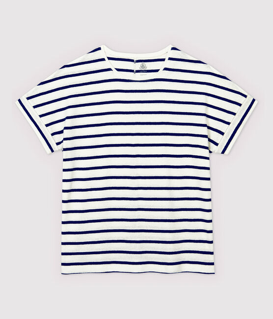 Women's Stripy Linen and Cotton Blend T-Shirt MARSHMALLOW white/MEDIEVAL blue