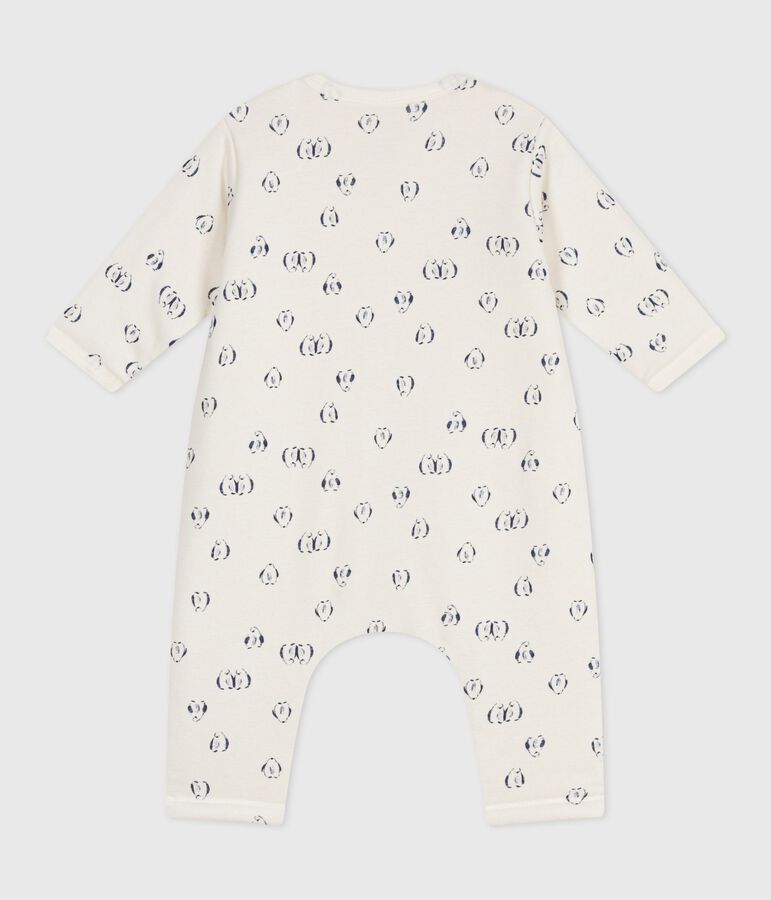 Babies' padded penguin-print cotton jumpsuit. Ecru/blue