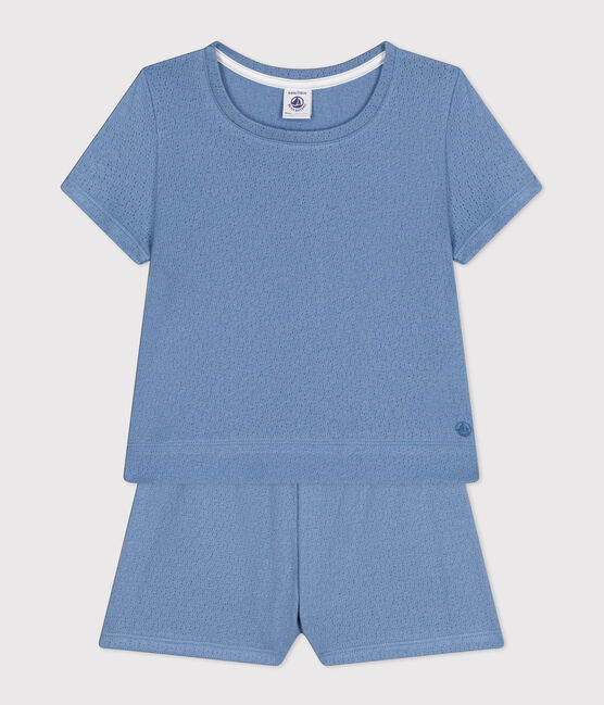 Girls' Plain Openwork Cotton Short Pyjamas BEACH blue