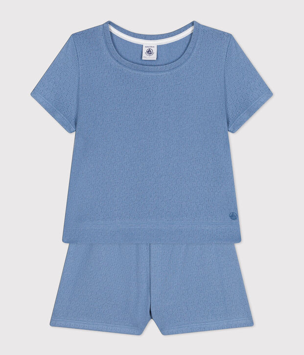 Girls' Plain Openwork Cotton Short Pyjamas blue