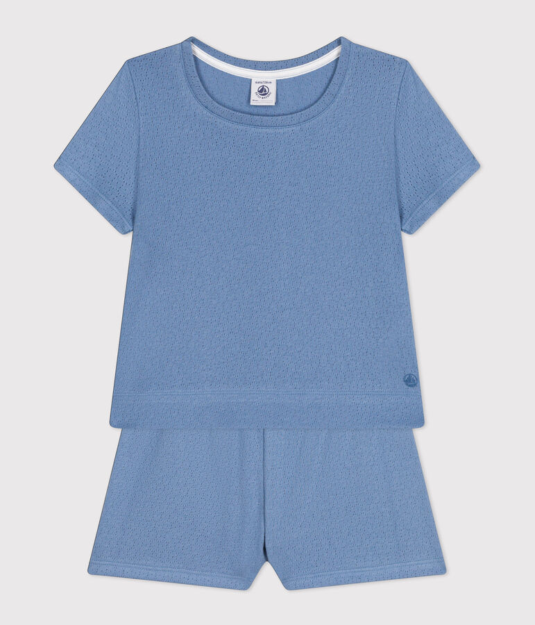 Girls' Plain Openwork Cotton Short Pyjamas blue