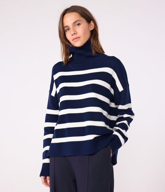 Women's striped wool and cotton jumper with a stand-up collar SOIR blue/MARSHMALLOW