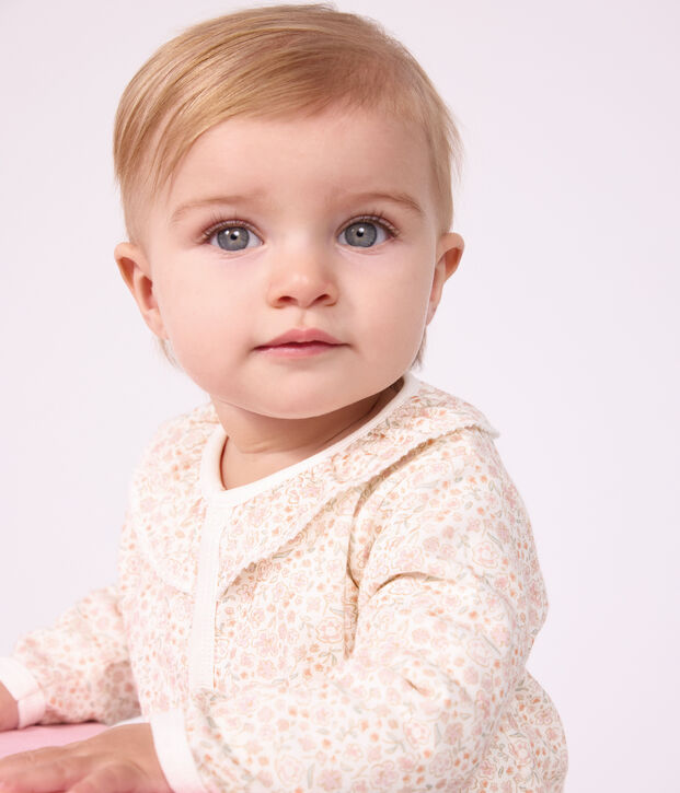 Babies' footless flower-print cotton pyjama suit with a collar white/multicolor