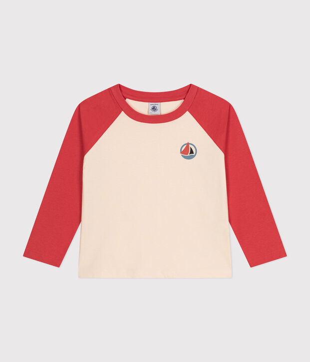 Boys' long-sleeved cotton T-shirt Ecru/orange