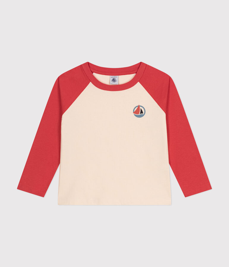 Boys' long-sleeved cotton T-shirt Ecru/orange