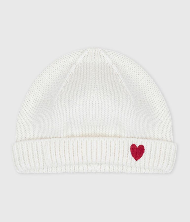 Newborn babies' knitted cotton beanie hat white