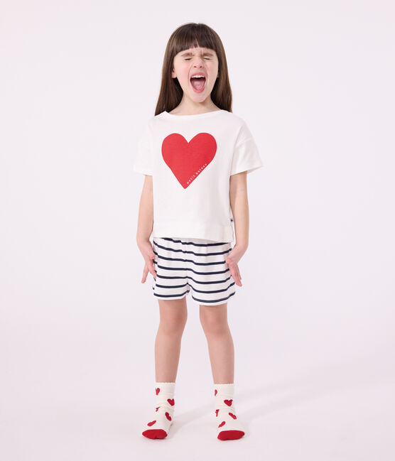 Children's short pajamas in cotton with heart print MARSHMALLOW white/SMOKING blue