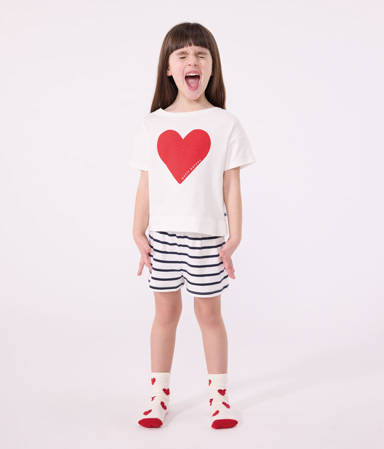 Children's short pajamas in cotton with heart print white/blue