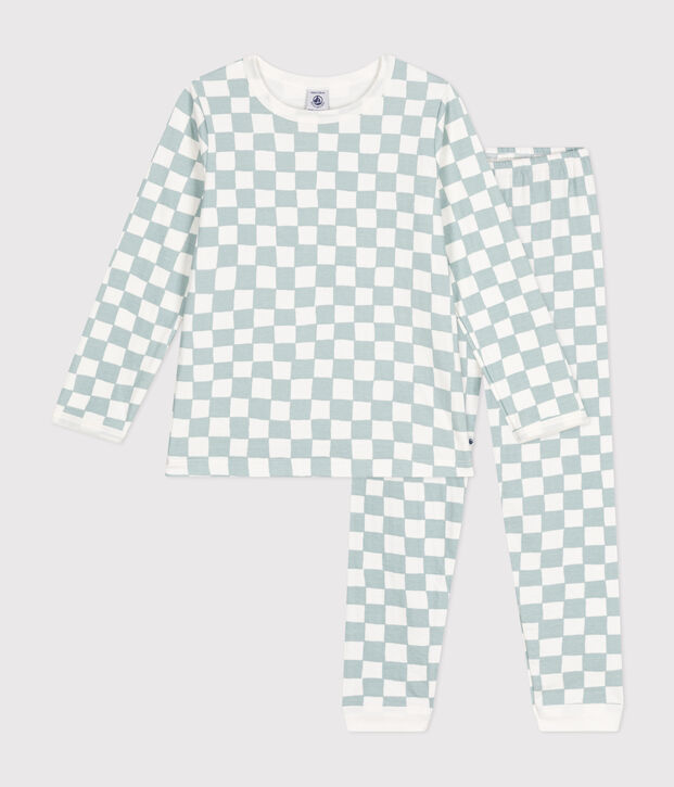 Children's chequer print cotton pyjamas white/green