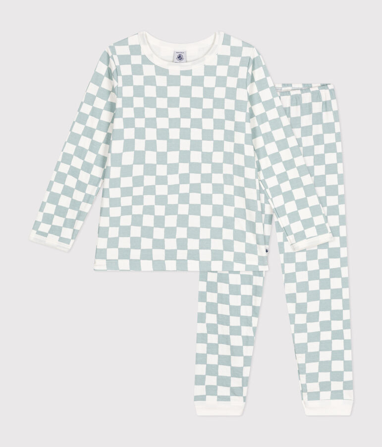 Children's chequer print cotton pyjamas white/green
