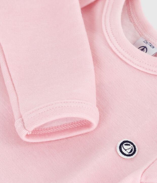 Babies' long-sleeved body in wool and cotton pink