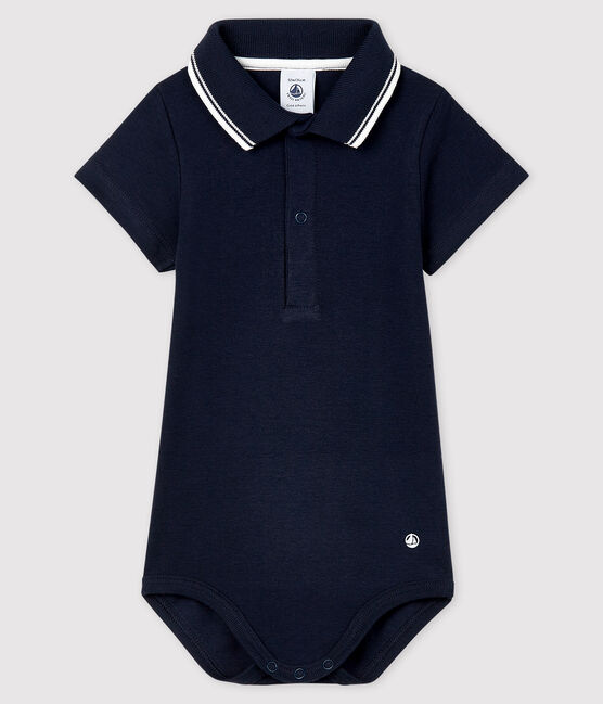 Babies' Short-Sleeved Cotton Bodysuit with Polo Shirt Collar SMOKING blue