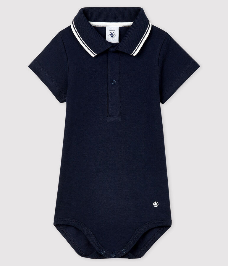 Babies' Short-Sleeved Cotton Bodysuit with Polo Shirt Collar blue