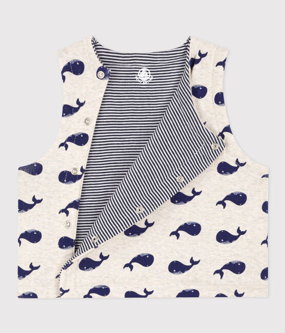 Babies' Reversible Whale Patterned Sleeveless Cotton Cardigan MONTELIMAR beige/MEDIEVAL blue