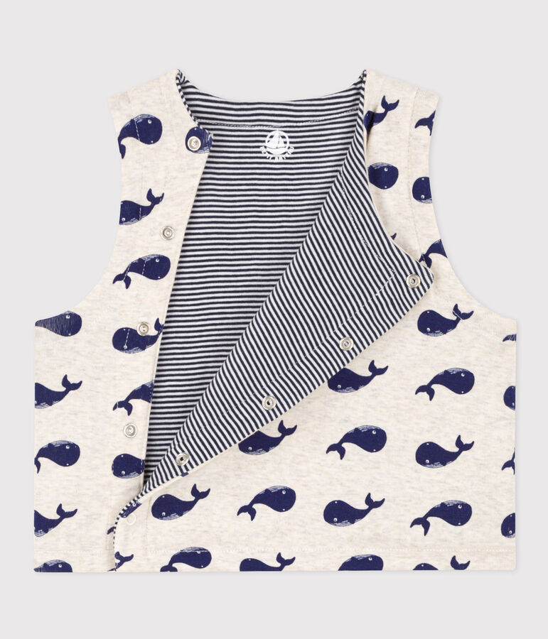Babies' Reversible Whale Patterned Sleeveless Cotton Cardigan beige/blue