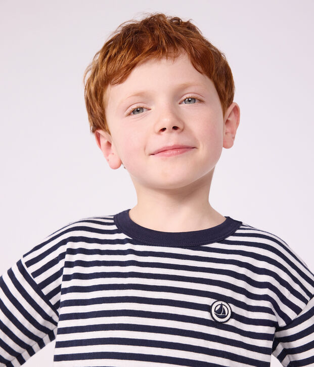 Children's long-sleeved stripy T-shirt blue/white/blue