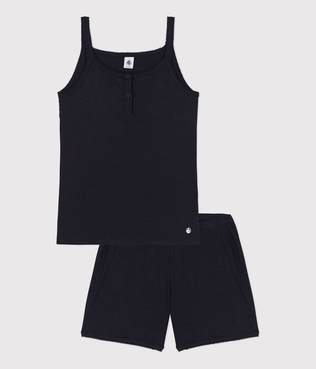 Women's Plain Cotton and Lyocell Short Pyjamas with Straps blue