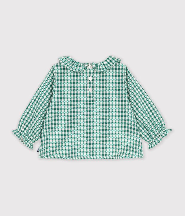 Babies' long-sleeved gingham heart-print cotton blouse green/white