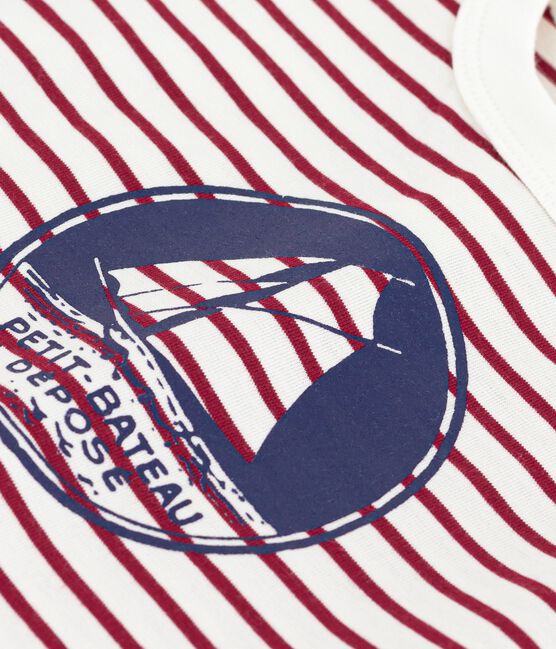 Babies' short-sleeved stripy cotton T-shirt MILK red/AMARANTE