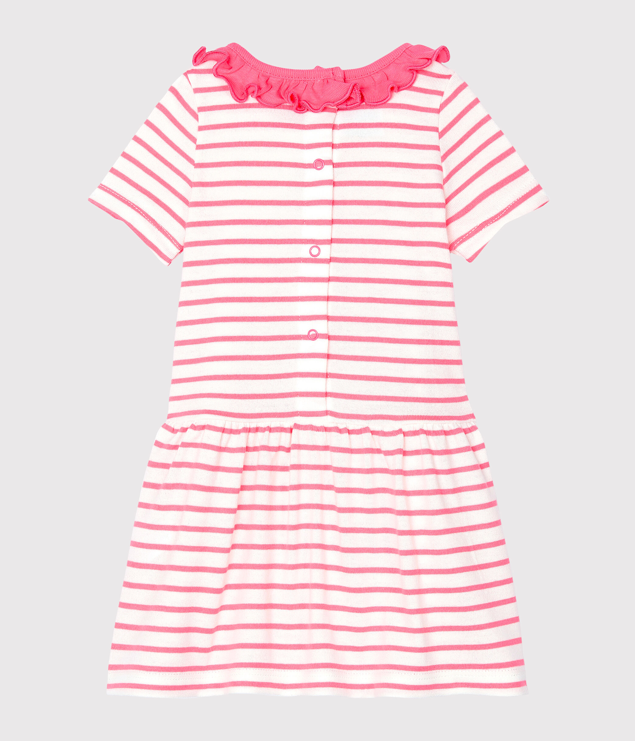 Baby Girls' Striped Dress with Ruff MARSHMALLOW/CUPCAKE Petit Bateau